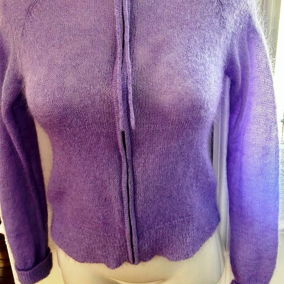 J Crew Deep Purple Mohair Blend Cardigan with Full Zip Turtle Neckline Size L - Picture 2 of 7